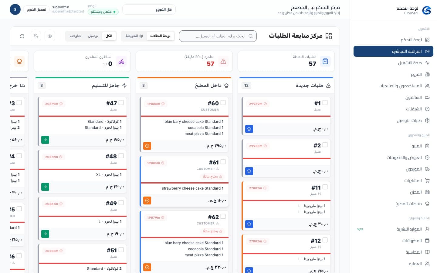 مركز متابعة طلبات OrderSahl ويظهر طلبات جديدة وداخل المطبخ وجاهزة للتسليم
